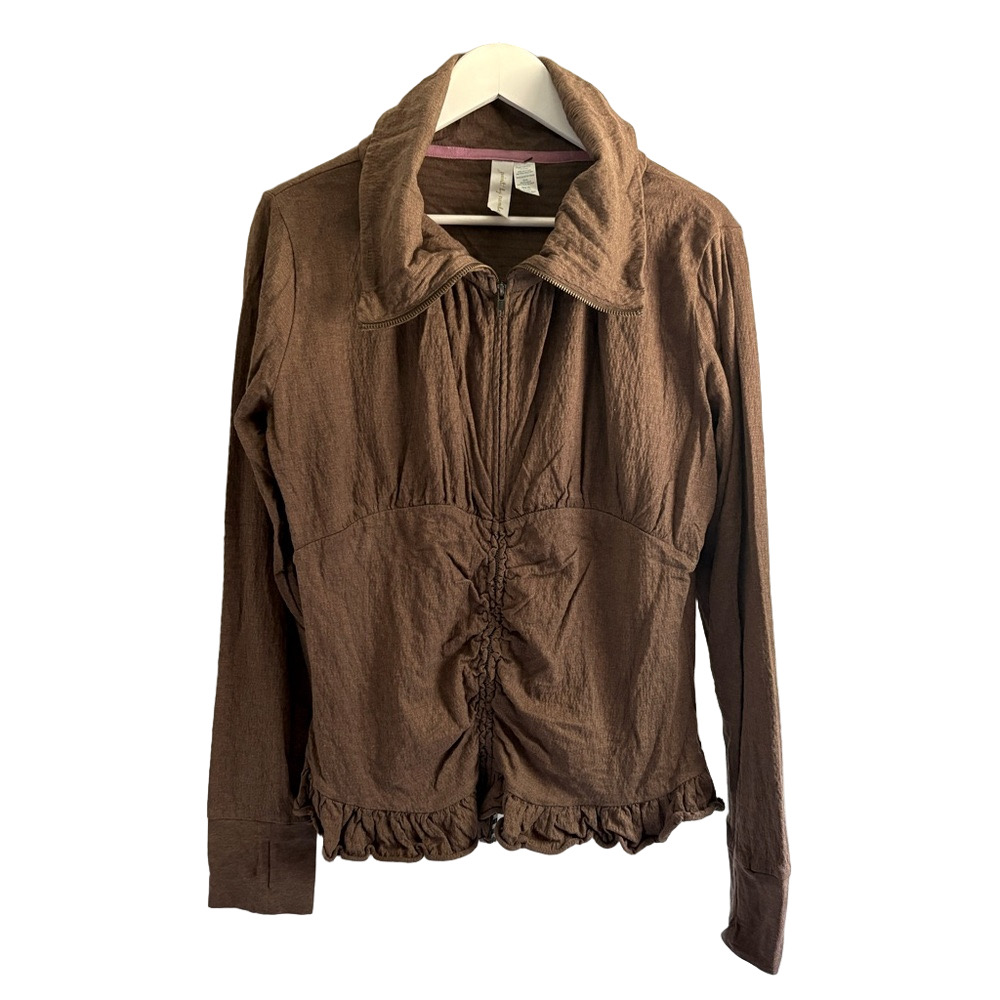 Matilda Jane Brown Ruched Zip Jacket Women’s XL Ruffle Hem Lightweight Coat